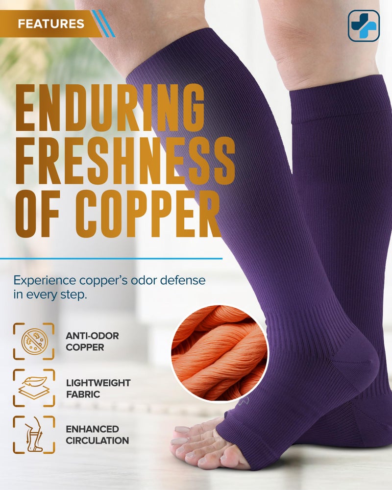 Doctor's Select 3 Pairs Copper Toeless Compression Socks Women & Men - 20-30 mmHg Open Toe, Knee High Footless Compression Socks Women, Pink, Purple, Blue - Image 2