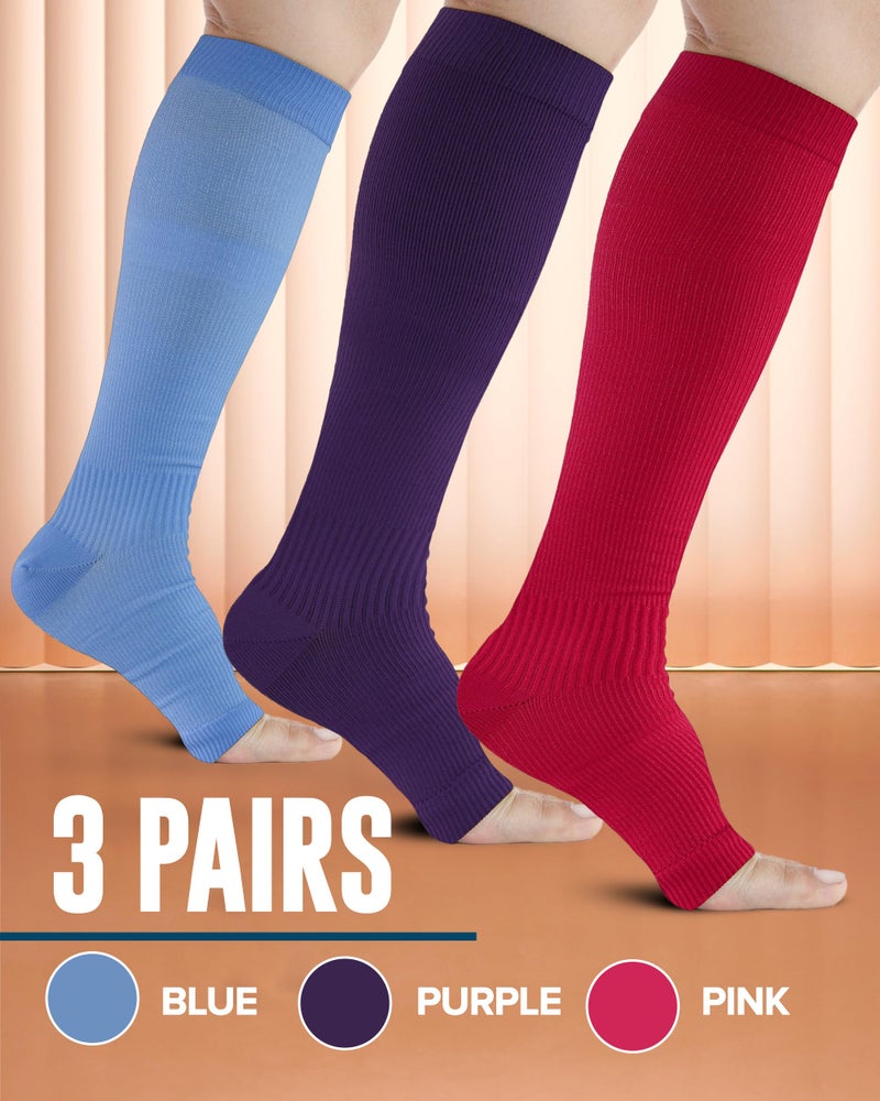 Doctor's Select 3 Pairs Copper Toeless Compression Socks Women & Men - 20-30 mmHg Open Toe, Knee High Footless Compression Socks Women, Pink, Purple, Blue - Image 3
