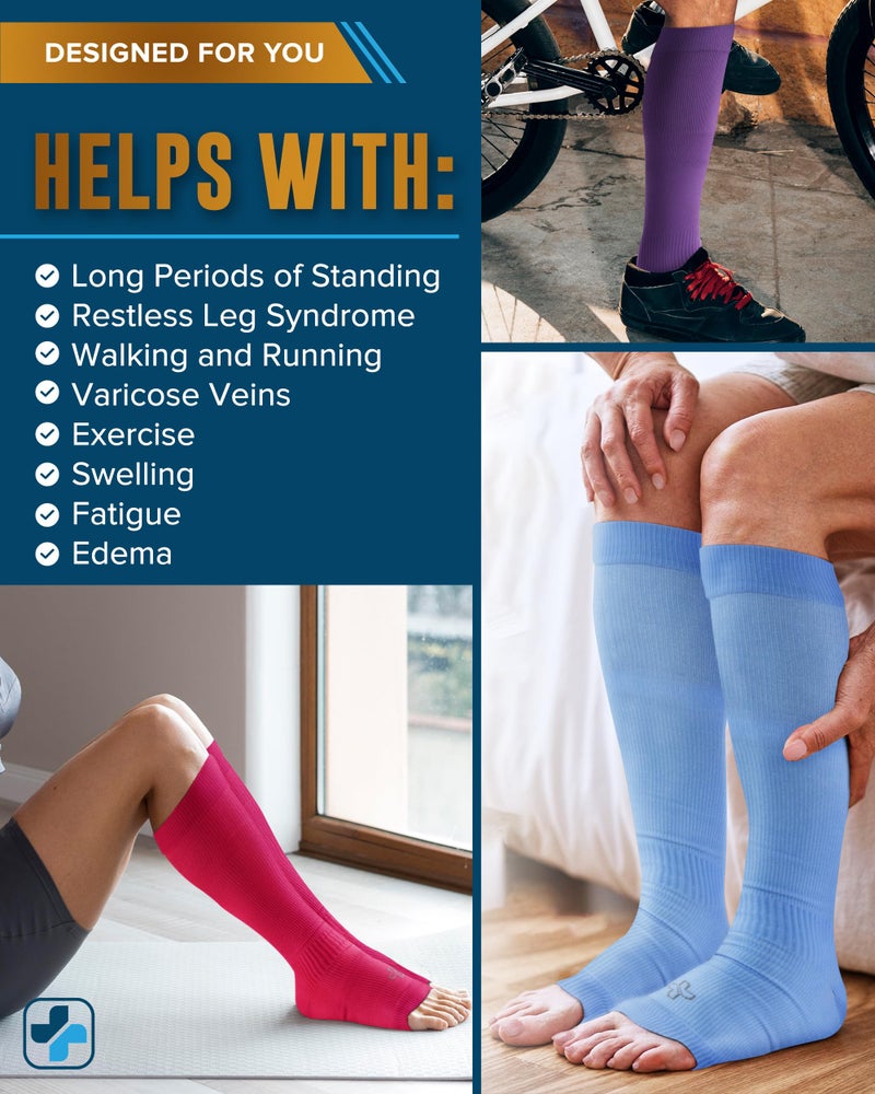Doctor's Select 3 Pairs Copper Toeless Compression Socks Women & Men - 20-30 mmHg Open Toe, Knee High Footless Compression Socks Women, Pink, Purple, Blue - Image 5