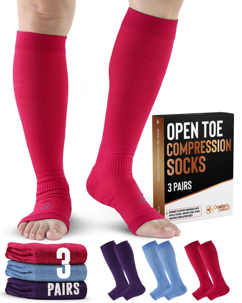 Doctor's Select 3 Pairs Copper Toeless Compression Socks Women & Men - 20-30 mmHg Open Toe, Knee High Footless Compression Socks Women, Pink, Purple, Blue - Image 1