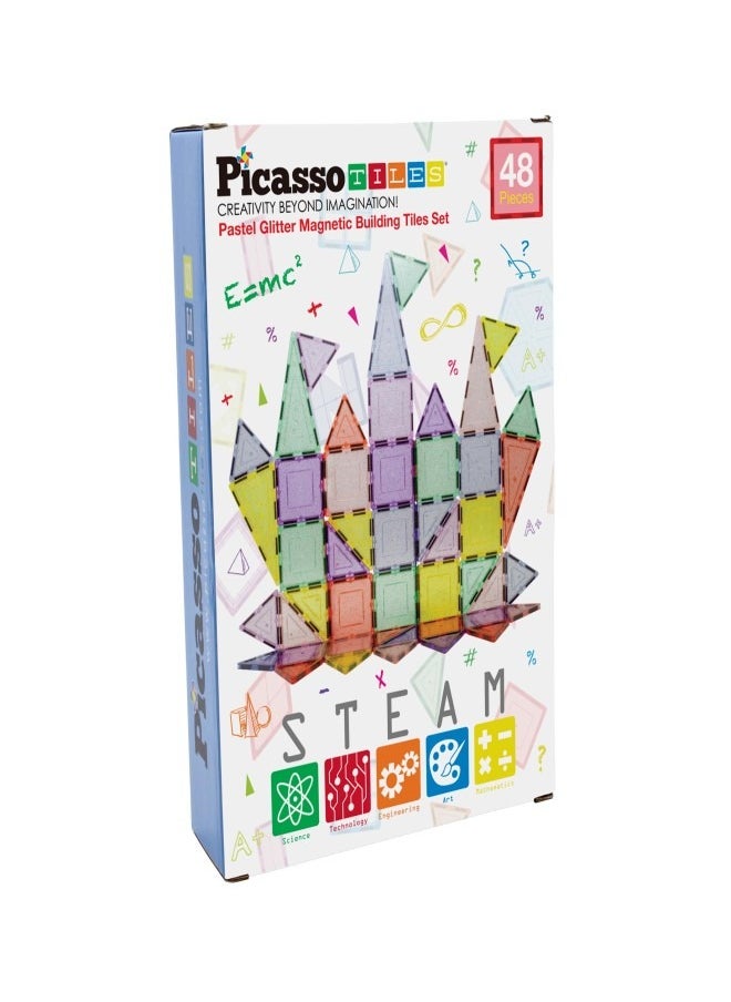 PicassoTiles - PICASSO - PASTEL GITTER MAGNETIC BUILDING TILES SET (48 PC'S) - Image 1