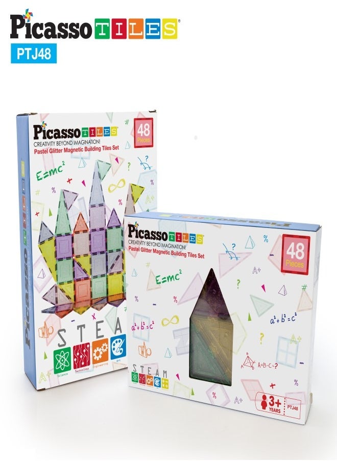 PicassoTiles - PICASSO - PASTEL GITTER MAGNETIC BUILDING TILES SET (48 PC'S) - Image 1