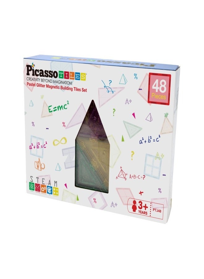 PicassoTiles - PICASSO - PASTEL GITTER MAGNETIC BUILDING TILES SET (48 PC'S) - Image 1