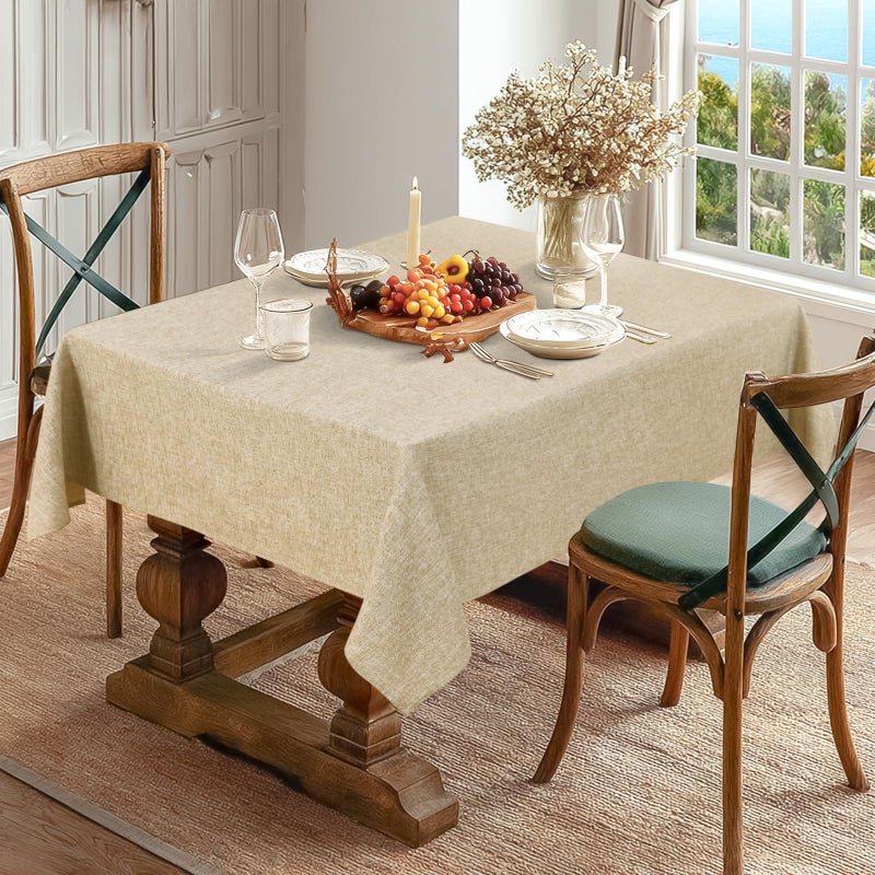 JIUZHEN Rectangle Table Cloth Faux Linen Farmhouse Tablecloth, Wrinkle and Stain Resistant Decorative Fabric Rectangular Spring Table Cover for Dining/Party/Birthday/Wedding, Beige, 54 x 80 Inch - Image 2