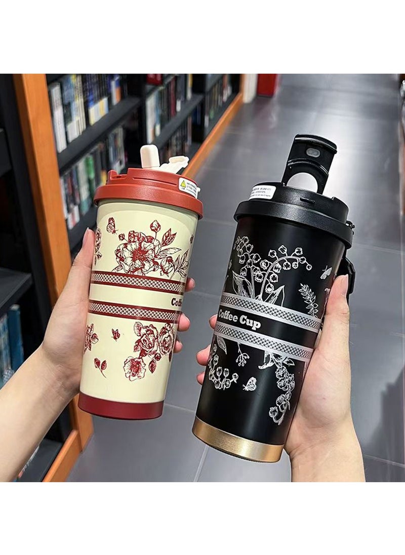 Hihonor - 500ML/17oz Flower Insulation Mugs with Sealing Cap 316 Stainless Steel Vacuum Double Wall Insulation Bottle Insulation Bottle Milk Coffee Cup Business Travel Leisure Water Cup (Red) - Image 1