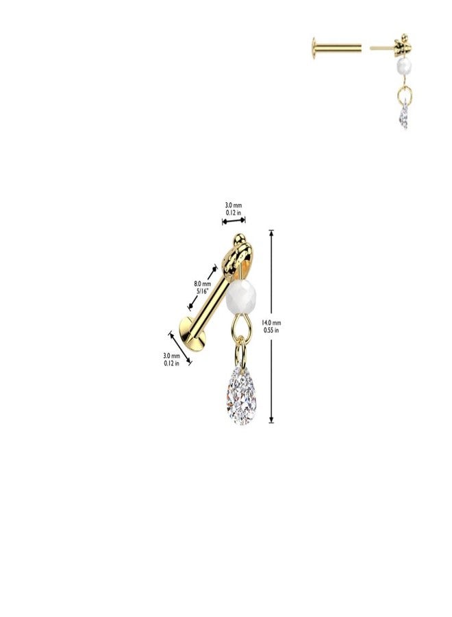 Pierced Owl 16GA 316L Stainless Steel Threadless Push In Dangling Faux Pearl and Teardrop Shaped Crystal Flat Back Stud (Gold Tone) - Image 2