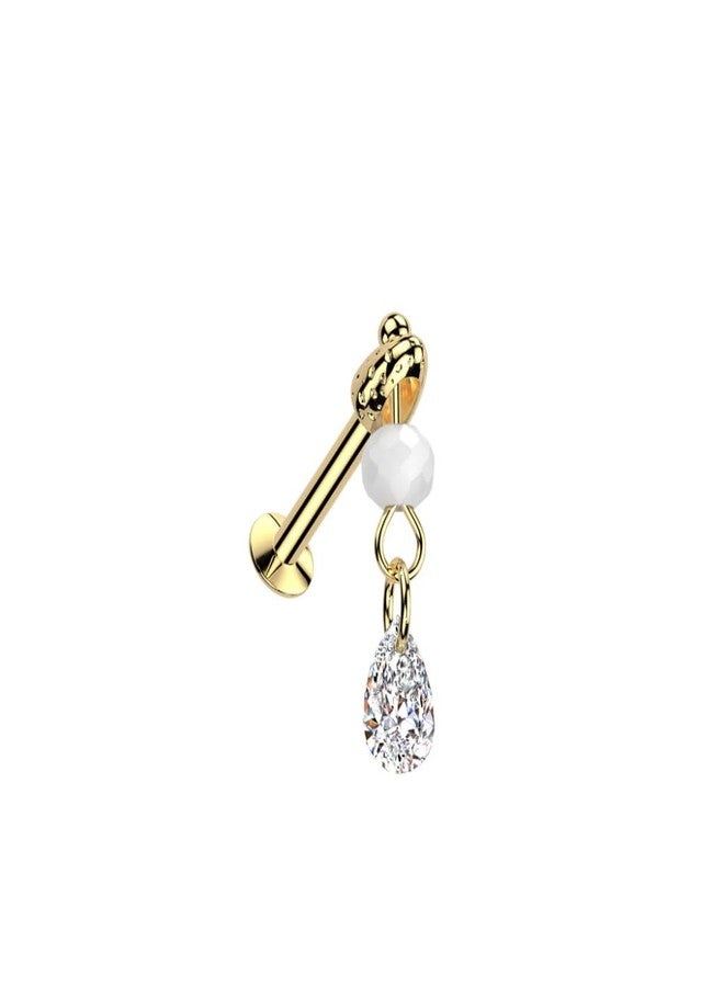 Pierced Owl 16GA 316L Stainless Steel Threadless Push In Dangling Faux Pearl and Teardrop Shaped Crystal Flat Back Stud (Gold Tone) - Image 1