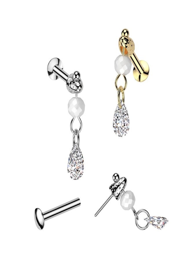 Pierced Owl 16GA 316L Stainless Steel Threadless Push In Dangling Faux Pearl and Teardrop Shaped Crystal Flat Back Stud (Gold Tone) - Image 3