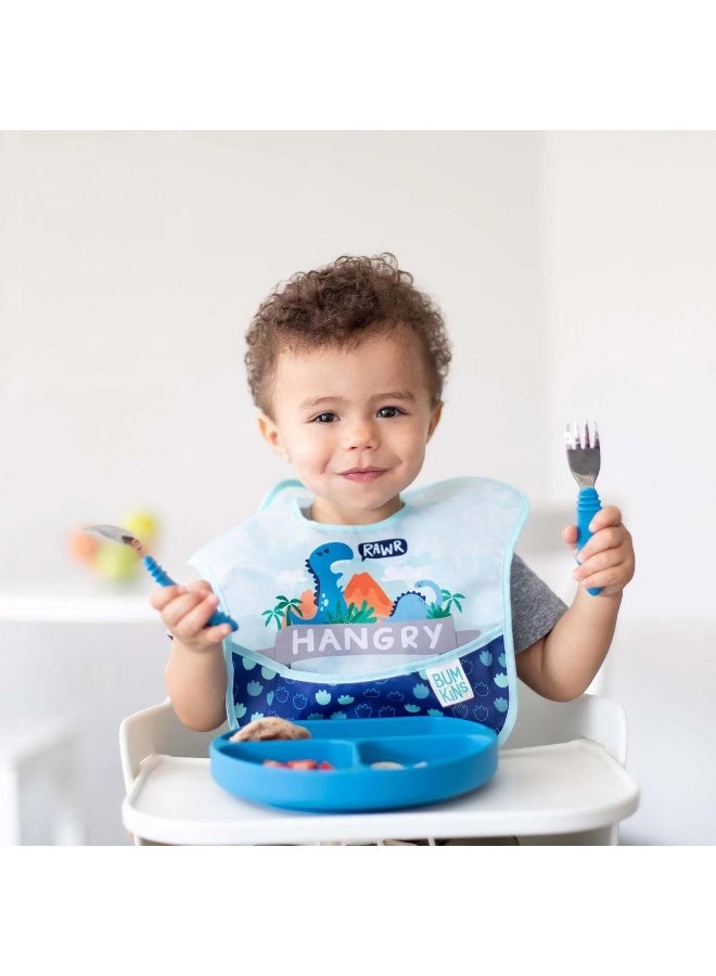 Bumkins Bibs for Girl or Boy, SuperBib Baby and Toddler for 6-24 Months, Essential Must Have for Eating, Feeding, Baby Led Weaning Supplies, Mess Saving, 3-pk Hangry, Dinosaurs, and Blue Tropic - Image 4
