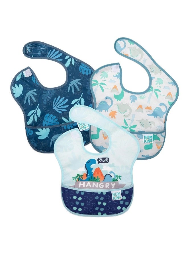 Bumkins Bibs for Girl or Boy, SuperBib Baby and Toddler for 6-24 Months, Essential Must Have for Eating, Feeding, Baby Led Weaning Supplies, Mess Saving, 3-pk Hangry, Dinosaurs, and Blue Tropic - Image 1