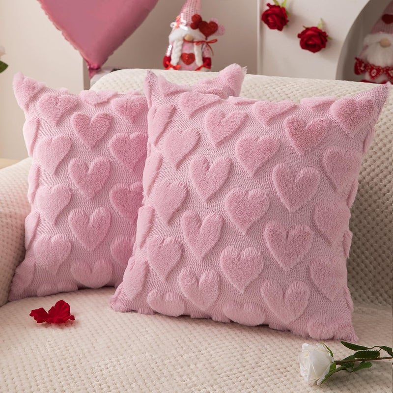 DFXSZ Valentines Pillow Covers 18x18 inch Set of 2 Valentines Day Decoration Pink Heart Soft Plush Faux Fur Jacquard Throw Pillows for Bedroom Sofa Holiday Festivals Home Decor PTK017B18 - Image 1
