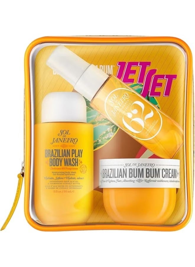 Sol de Janeiro Jet Set Travel Kit, Brazilian Bum Bum Cream 50ml, Brazilian Play Moisturizing Body Wash 90ml, Brazilian Crush Cheirosa 62 Perfume Mist 30ml, Luxury Body Care Gift Set, Hydrating Body Moisturizer, Travel Size Skincare, Beauty Gift for Women with Travel Pouch - Image 1