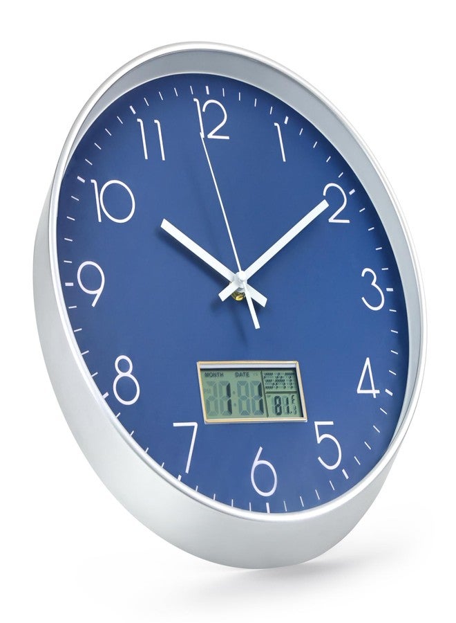 BAKBRAND Wall Clock with LCD Display Non-Ticking Silent Quartz Movement Decor Clock with Perpetual Calendar and Temperature Modern Style Round Wall Clocks for Office/Living Room/Bedroom (Blue, 12inch) - Image 2