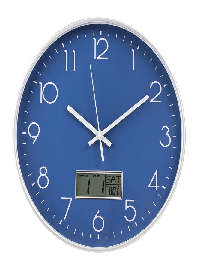 BAKBRAND Wall Clock with LCD Display Non-Ticking Silent Quartz Movement Decor Clock with Perpetual Calendar and Temperature Modern Style Round Wall Clocks for Office/Living Room/Bedroom (Blue, 12inch) - Image 1