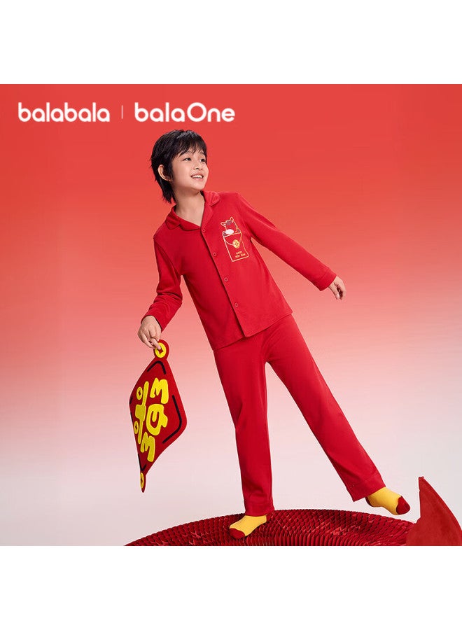 Balabala Kids Homewear Set Boys Girls Spring New Pure Cotton Red Pajamas Sleepwear New Year Season - Image 2