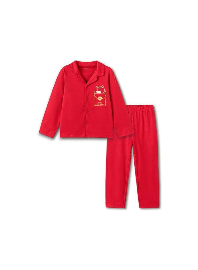 Balabala Kids Homewear Set Boys Girls Spring New Pure Cotton Red Pajamas Sleepwear New Year Season - Image 3