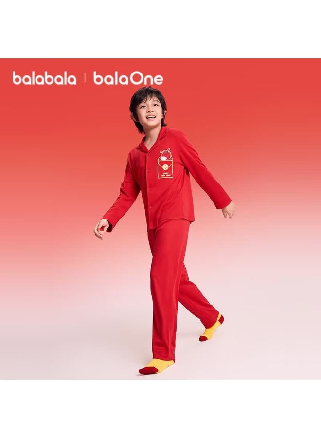 Balabala Kids Homewear Set Boys Girls Spring New Pure Cotton Red Pajamas Sleepwear New Year Season - Image 1