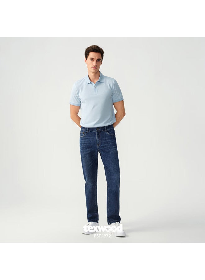 Texwood Apple Men's Jeans High Elasticity Mulberry Silk Lyocell Casual Straight Vintage Pants Dark Blue 34 - Image 2