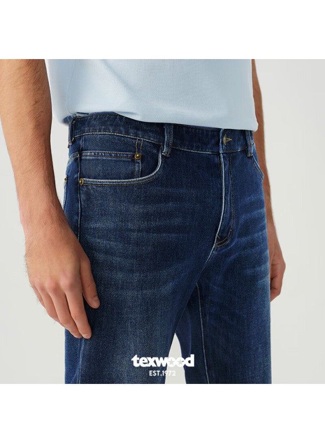 Texwood Apple Men's Jeans High Elasticity Mulberry Silk Lyocell Casual Straight Vintage Pants Dark Blue 34 - Image 1