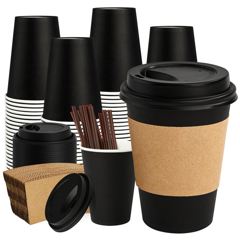 PACKINNO 12 oz 50 Pack Black Disposable Paper Coffee Cups with Lids, Sleeves and Straws, Disposable Hot Cups for Coffee, Tea, Cocoa, Water - Image 1