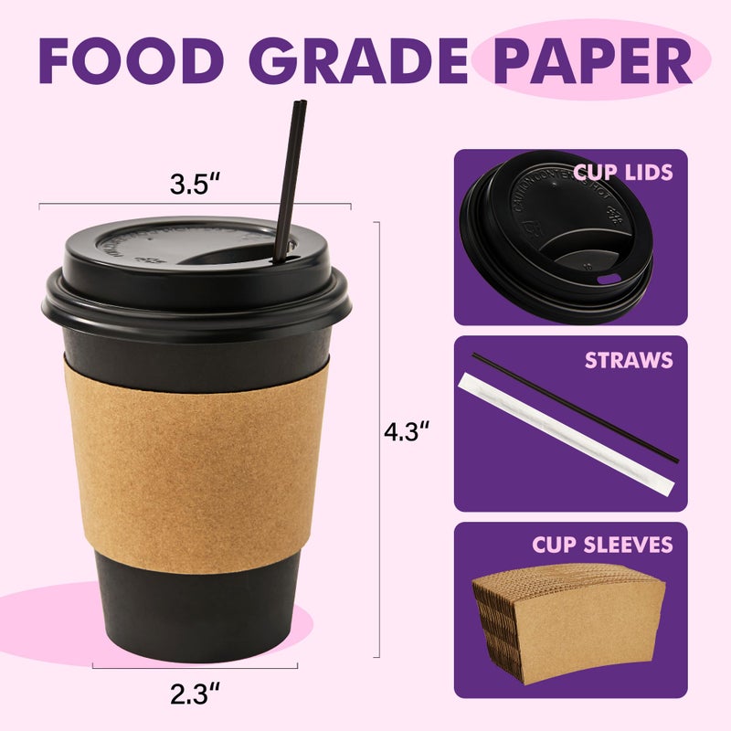 PACKINNO 12 oz 50 Pack Black Disposable Paper Coffee Cups with Lids, Sleeves and Straws, Disposable Hot Cups for Coffee, Tea, Cocoa, Water - Image 2