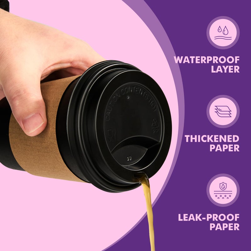 PACKINNO 12 oz 50 Pack Black Disposable Paper Coffee Cups with Lids, Sleeves and Straws, Disposable Hot Cups for Coffee, Tea, Cocoa, Water - Image 5