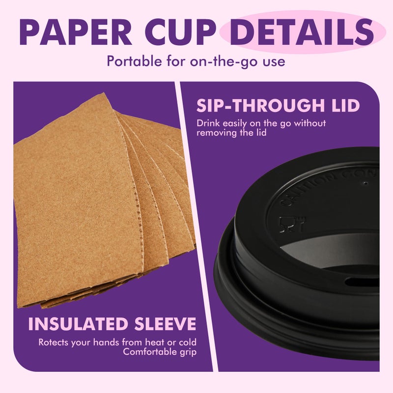 PACKINNO 12 oz 50 Pack Black Disposable Paper Coffee Cups with Lids, Sleeves and Straws, Disposable Hot Cups for Coffee, Tea, Cocoa, Water - Image 3