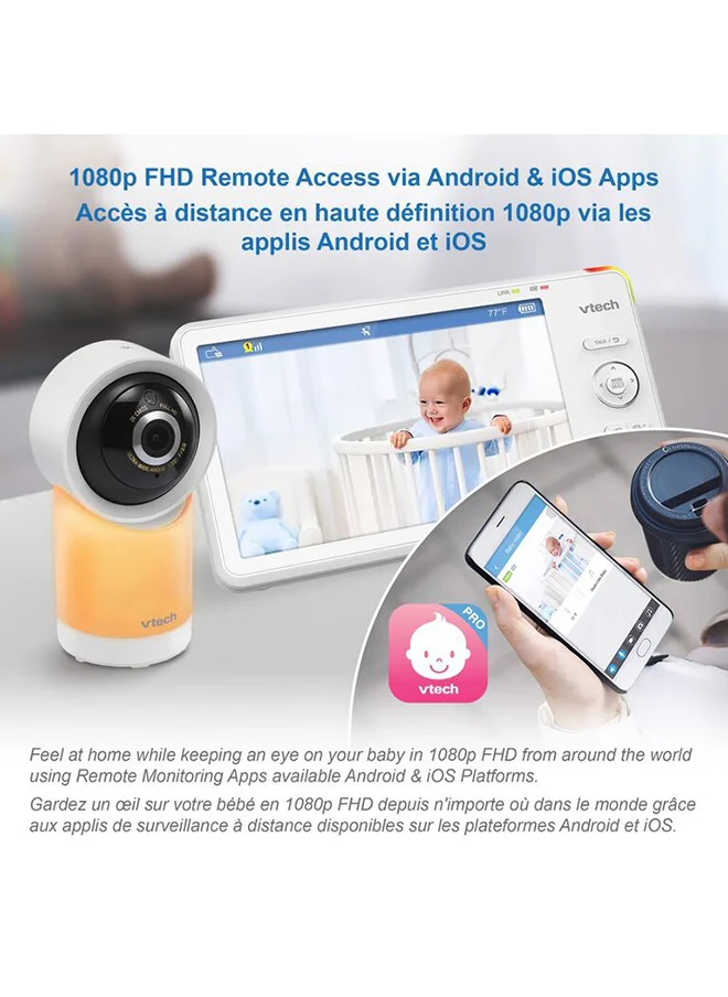 في تك 1080P Smart Wifi Remote Access 360 Degree Pan & Tilt Video Baby Monitor With 5” Highdefinition 720P Display Night Light White