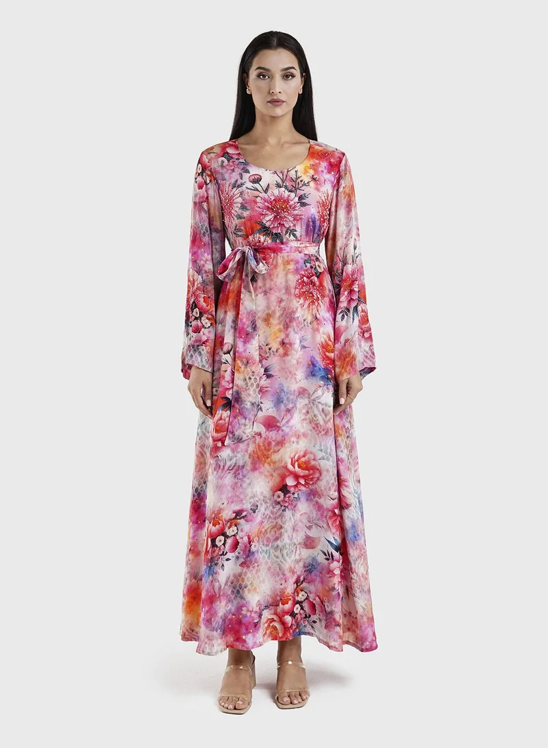 KASHKHA Red Floral Print Dress with Beads Work (VDU814)