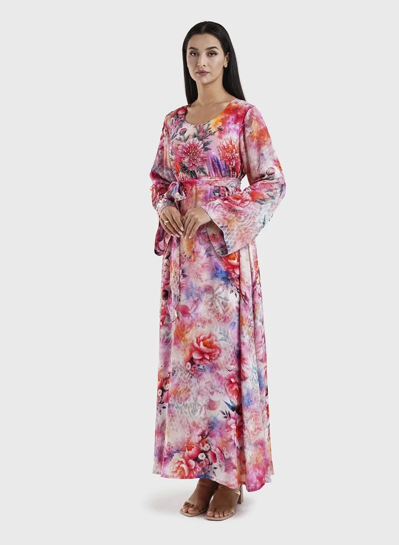 KASHKHA  Red Floral Print Dress with Beads Work (VDU814) for Women | Best Price UAE