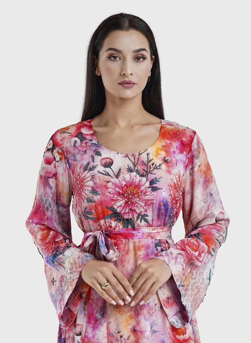 KASHKHA Red Floral Print Dress with Beads Work (VDU814)