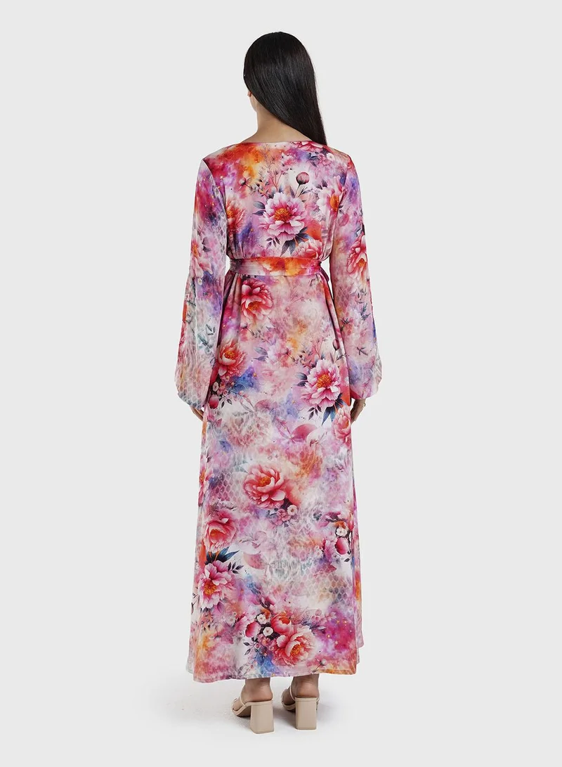KASHKHA  Red Floral Print Dress with Beads Work (VDU814) for Women | Best Price UAE