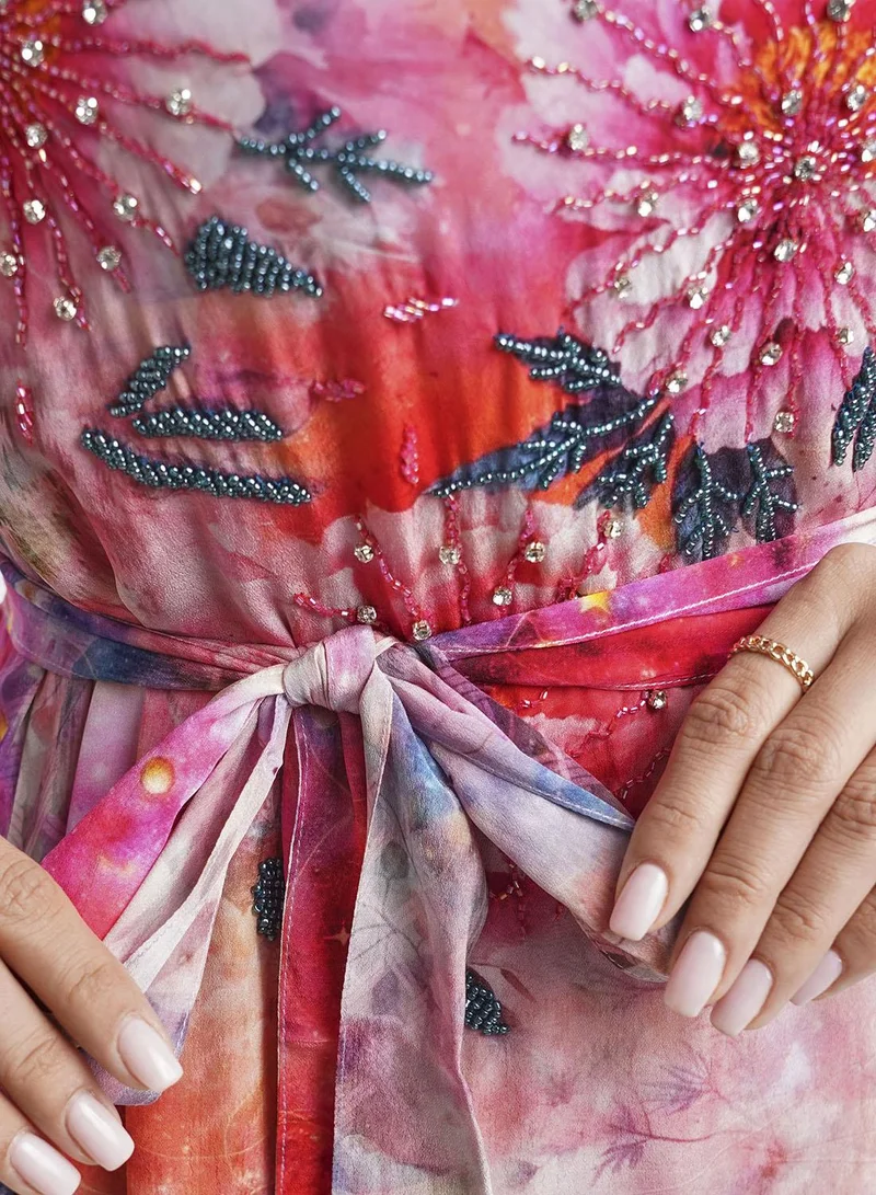 KASHKHA  Red Floral Print Dress with Beads Work (VDU814) for Women | Best Price UAE