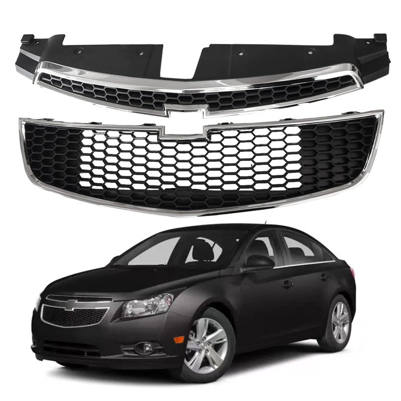 PartsFlow 2PCS Front Bumper Grille Upper And Lower Grill Black With Chrome For 2011 2012 2013 2014 Chevrolet Chevy Cruze