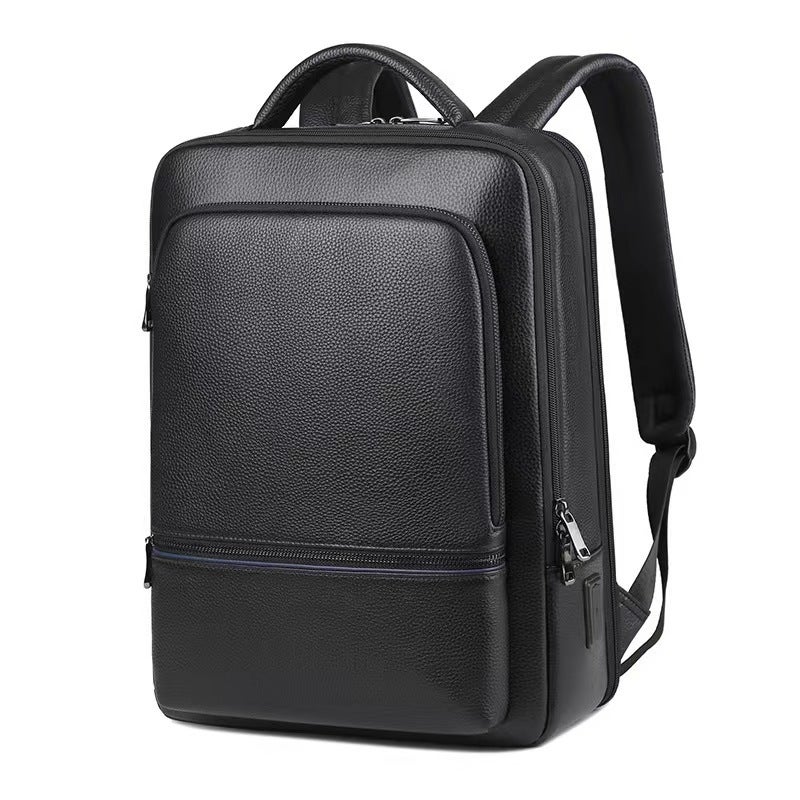2024 Mens Leisure Commuter Travel to Work Full Cowhide Backpack Black 