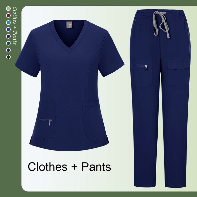 82021 Navy Blue Set Short Sleeve Pet Grooming Hospital Dentist Scrub Suit - Surgical Nurse Workwear