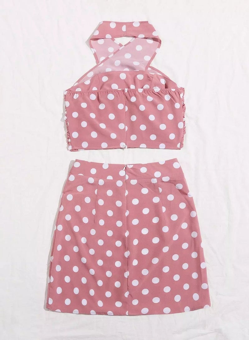 Wrap Cross Polka Dot Top & Skirt Set - Image 2