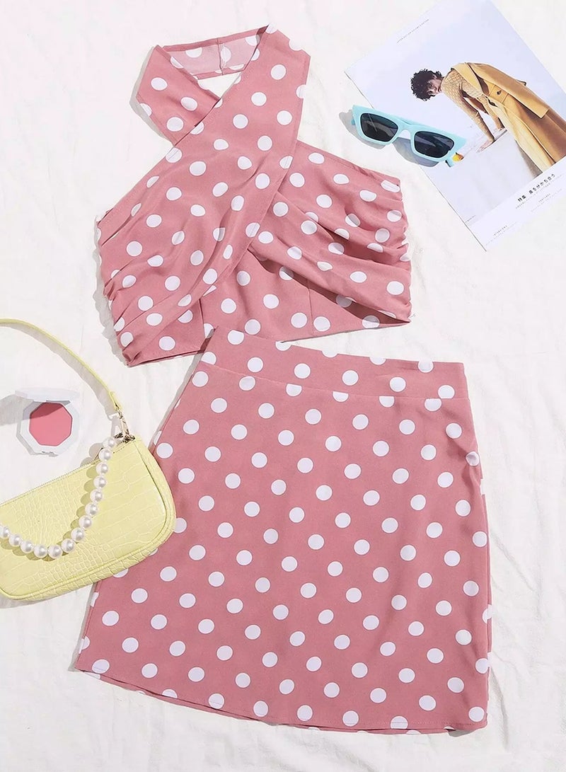 Wrap Cross Polka Dot Top & Skirt Set - Image 1