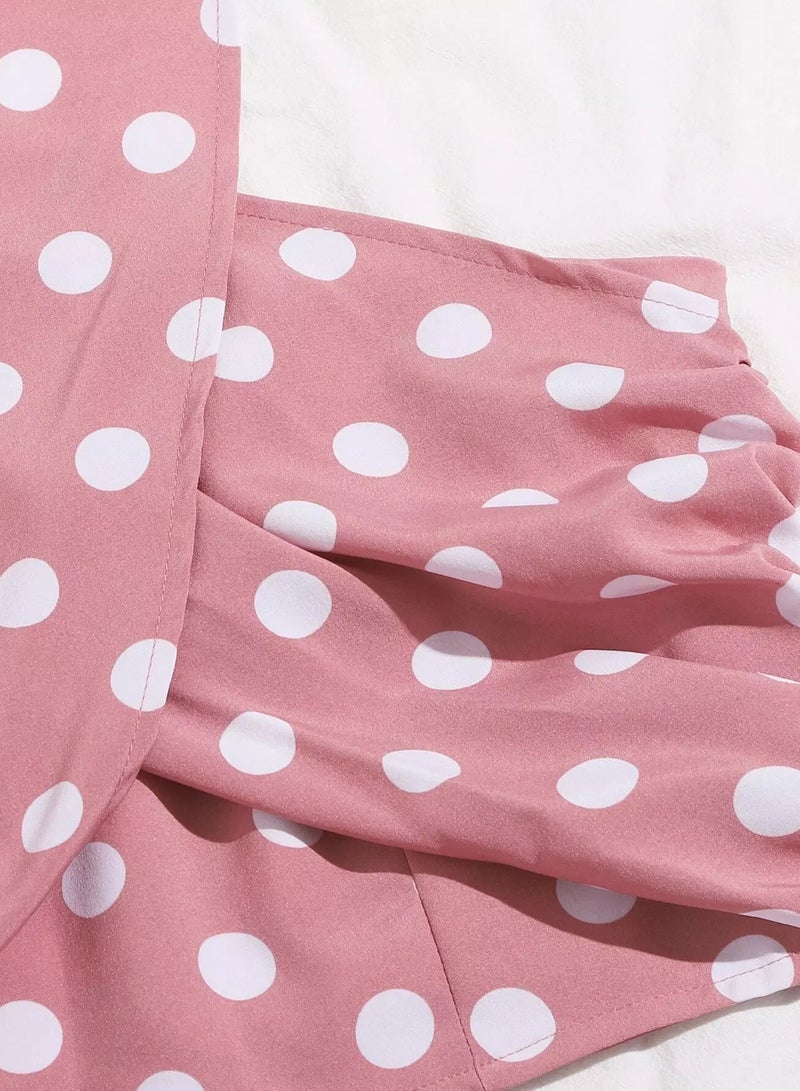 Wrap Cross Polka Dot Top & Skirt Set - Image 4