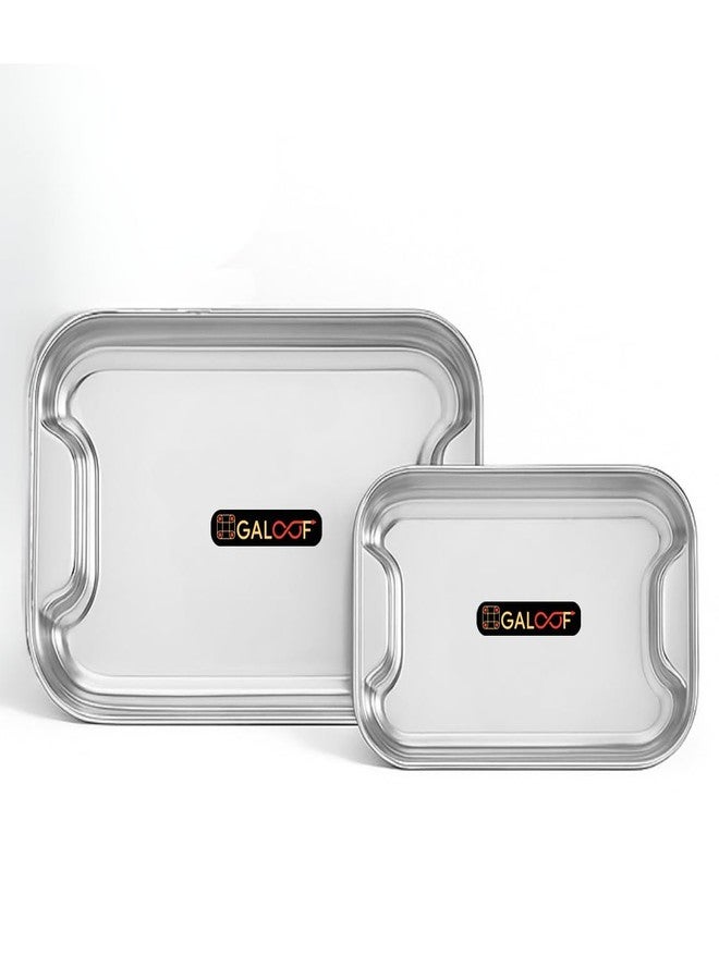 GALOOF Stainless Steel Serving Tray Set of 2 | Rectangle Platter Plates | Unbreakable & Stackable | Ideal Lamon Platter for Serving Tea, Coffee, Snacks, Dining (Small + Medium) - Image 1