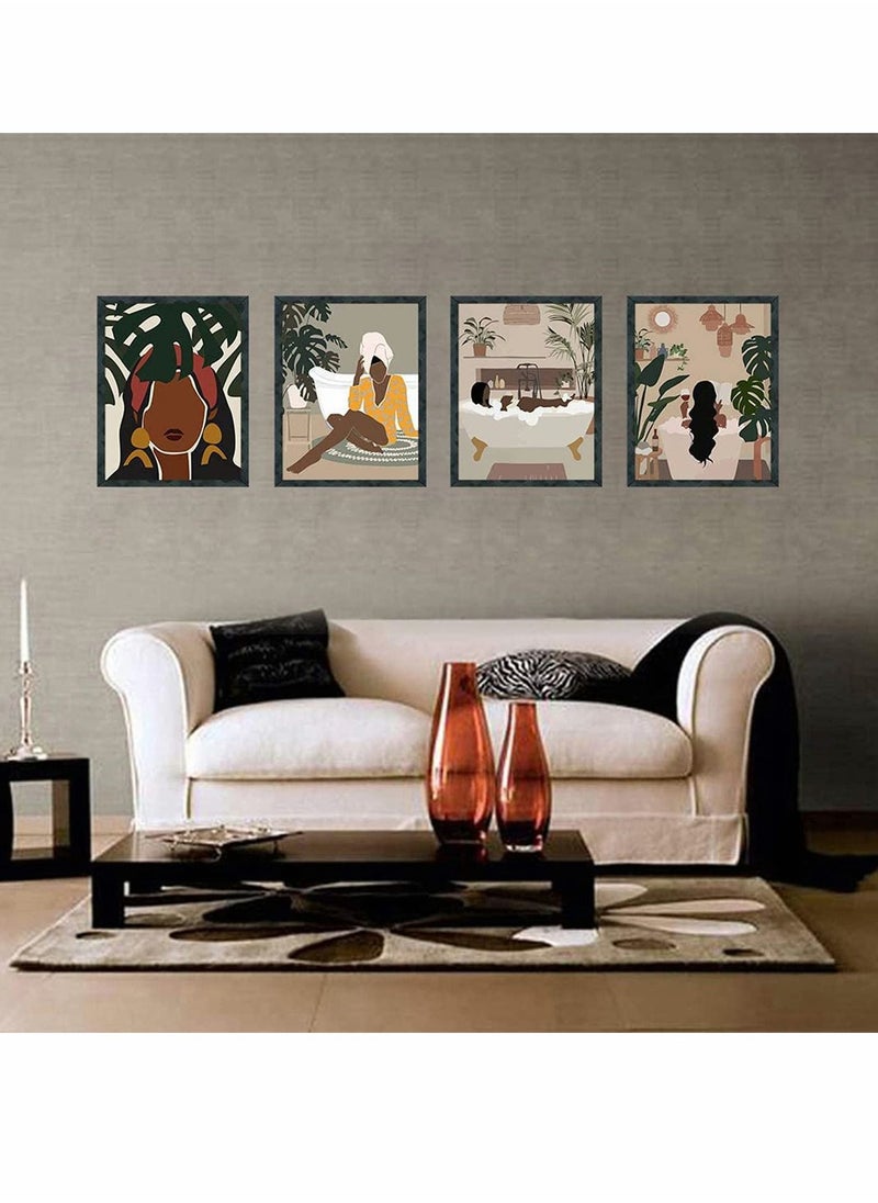 SYOSI - Art Painting, Modern Minimalist Black Woman Leaf Set of 4 Fashion Pop Boho Queen Girl Room Poster Painting Female Bathroom Bedroom Dressing Room Wall Home Decor Frameless (7.9”X11.8'') - Image 1