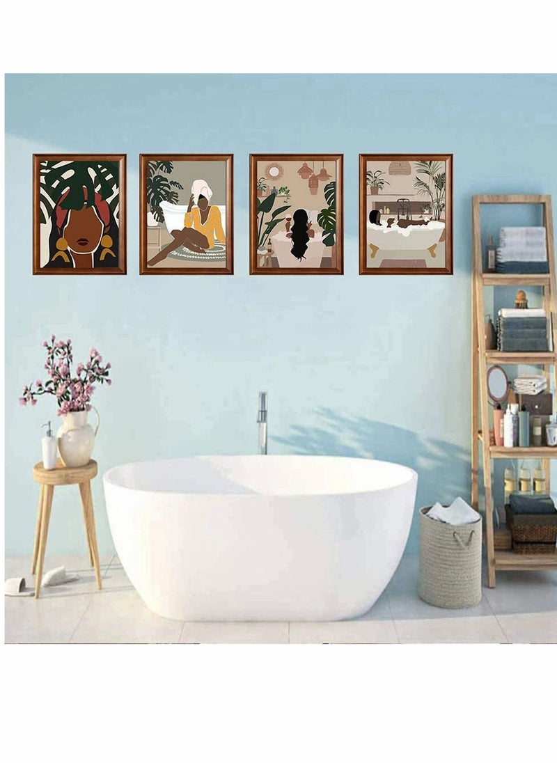 SYOSI - Art Painting, Modern Minimalist Black Woman Leaf Set of 4 Fashion Pop Boho Queen Girl Room Poster Painting Female Bathroom Bedroom Dressing Room Wall Home Decor Frameless (7.9”X11.8'') - Image 1