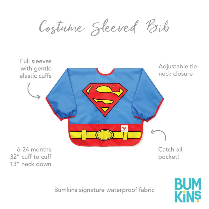 Bumkins Sleeved Bib for Girl or Boy, Baby and Toddler for 6-24 Mos, Essential Must Have for Eating, Feeding, Baby Led Weaning Supplies, Long Sleeve Mess Saving Food Catcher, Superman DC Comics - Image 4