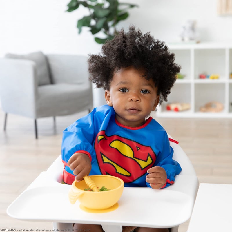 Bumkins Sleeved Bib for Girl or Boy, Baby and Toddler for 6-24 Mos, Essential Must Have for Eating, Feeding, Baby Led Weaning Supplies, Long Sleeve Mess Saving Food Catcher, Superman DC Comics - Image 2