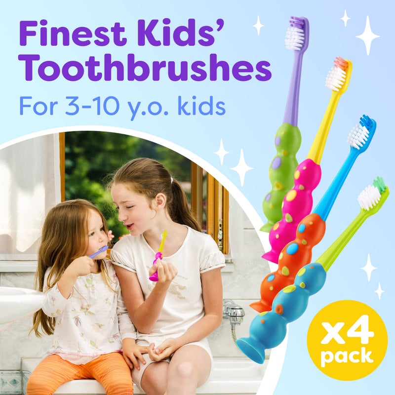 Trueocity Kids Toothbrush 4 Pack - Soft Bristles with Suction Cup - Toothbrush Kids, Child Sized Brush Heads, 3-10 Year Old Kid Toothbrush with Easy Storage - Toddler, Girl and Boy Set (4-Pack, Multi-Color) - Image 2
