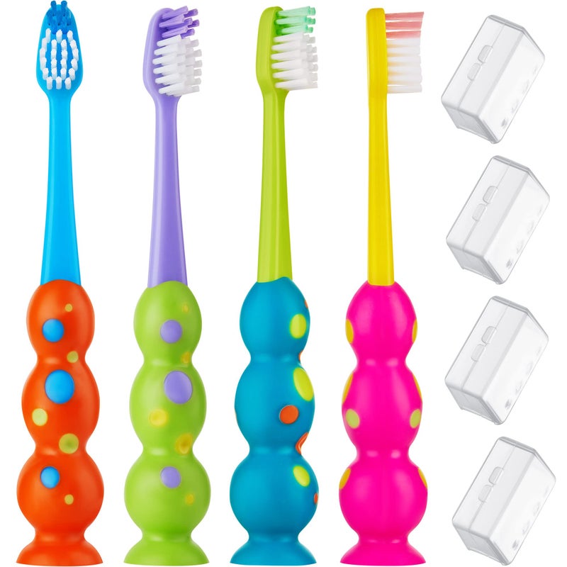 Trueocity Kids Toothbrush 4 Pack - Soft Bristles with Suction Cup - Toothbrush Kids, Child Sized Brush Heads, 3-10 Year Old Kid Toothbrush with Easy Storage - Toddler, Girl and Boy Set (4-Pack, Multi-Color) - Image 1