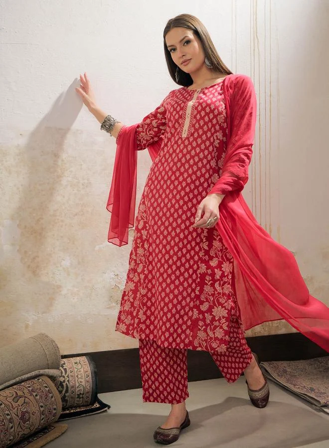 SASSAFRAS SASSAFRAS Pink Floral Cambric Kurta with Pencil Pants and Dupatta Set