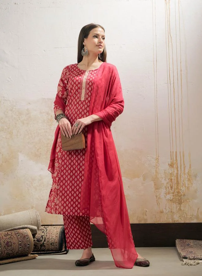 SASSAFRAS SASSAFRAS Pink Floral Cambric Kurta with Pencil Pants and Dupatta Set