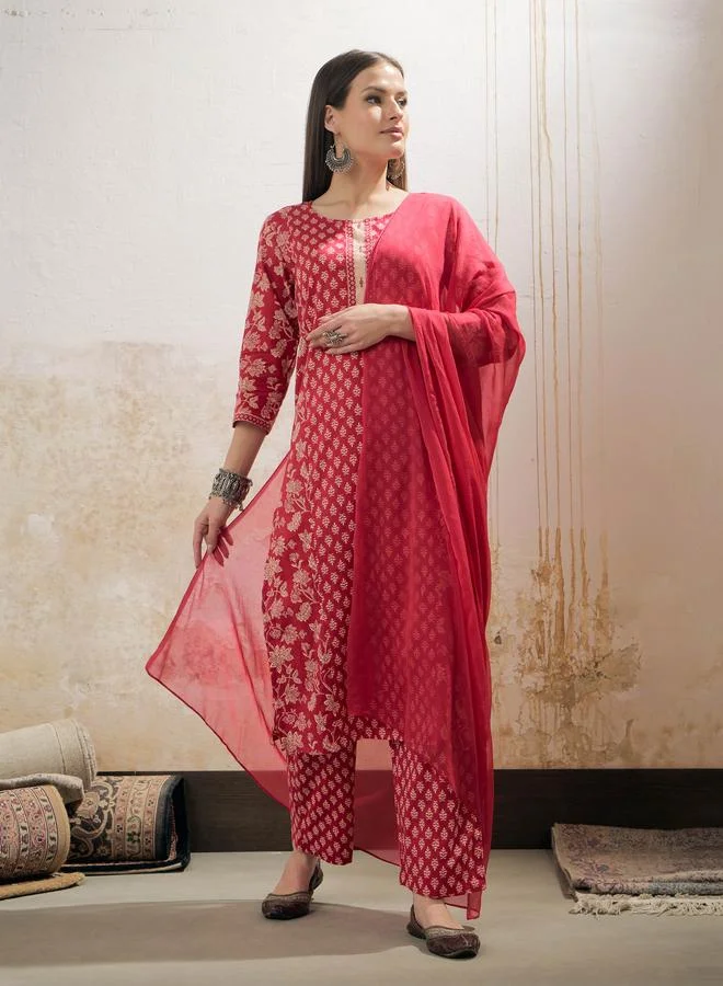 SASSAFRAS SASSAFRAS Pink Floral Cambric Kurta with Pencil Pants and Dupatta Set