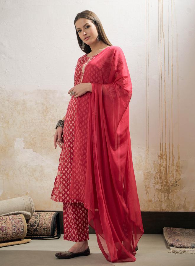 SASSAFRAS Pink Floral Cambric Kurta with Pencil Pants and Dupatta Set - Image 3
